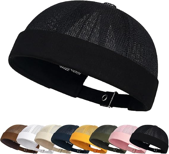 Enwokran Brimless Hat Docker Cap Summer Mesh No Brim Beanie Hat Adjustable Rolled Cuff Cap Casual Unisex Worker Sailor Retro Street Outdoor Hip-Hop Sailor Stylish Skull Caps