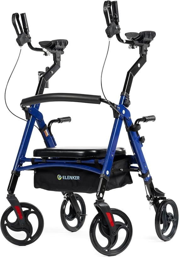ELENKER Heavy Duty Upright Walker with Extra Wide Padded Seat and Backrest, Aluminum Bariatric Stand Up Rolling Walker, 10 Wheels, Fully Adjustment Frame, Support up to 500 lbs for Seniors, Blue