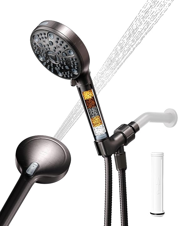 Filtered Handheld Shower Head for Hard Water, High Pressure Showerhead with 7 Spray Modes, Power Jet & Pause, Detachable & Adjustable for Healthier Skin & Hair - Oil Rubbed Bronze (VMASSTONE HM-003)