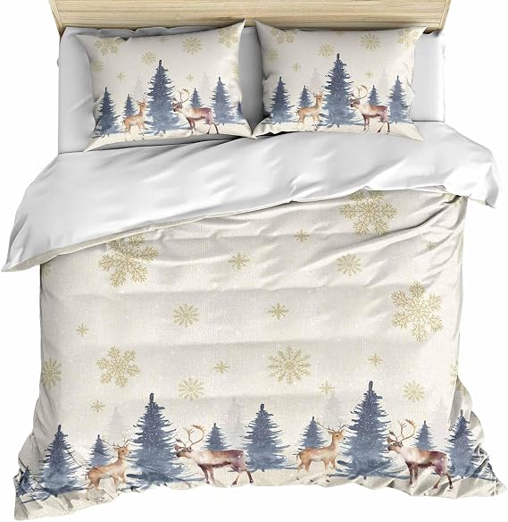 Beige Blue Christmas Duvet Cover Cal. King Size, Xmas Tree Elk Winter Snowflake Comforter Cover with Zipper Closure, 3 Piece Bedding Sets 1 Duvet Cover 96x104 Inches and 2 Pillow Shams