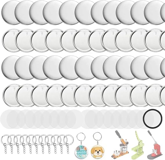 Button Maker Keychains Supplies, 200 Pcs 58mm Pin Maker Set, Metal Button Maker Supplies with Metal Shell Cover, Transparent Film & Chain Head
