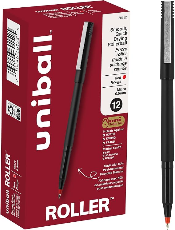 uniballTM Roller Rollerball Pens, Micro Point (0.5mm), Red | Quick-drying precise strokes, acid-free archival ink, protects against water, fading & fraud, 80% recycled materials