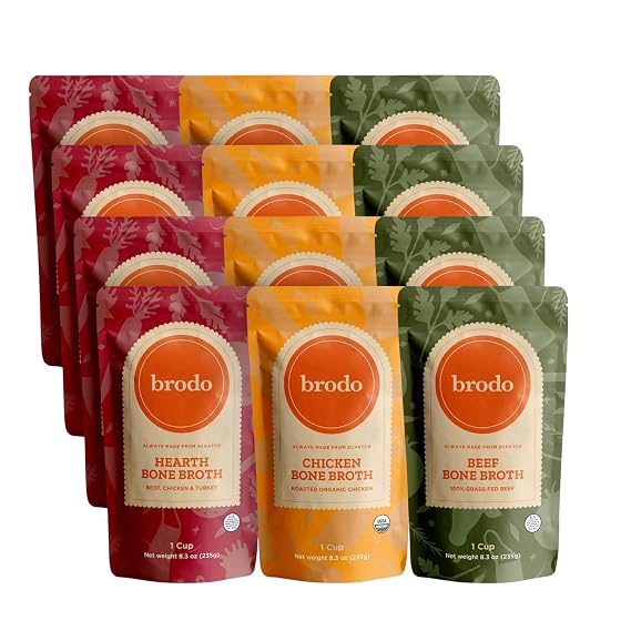 Brodo Collagen Rich Bone Broth Favorites Variety Pack + Hearth Bone Broth, Collagen & Protein-Rich, Slow-Simmered for Deep Flavor & Cooking (12 x 8oz Pouches)
