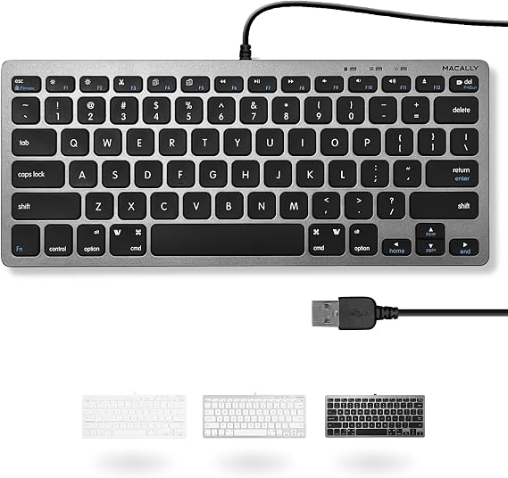 Macally mac Wired Keyboard, Compact Size, US Layout, For Windows, Quiet, Scissor Switch, Full Size, 78 Keys, For Home Work, Telework SLIMKEYCSG Compact USB-A Keyboard for QWERTY Cap Layout