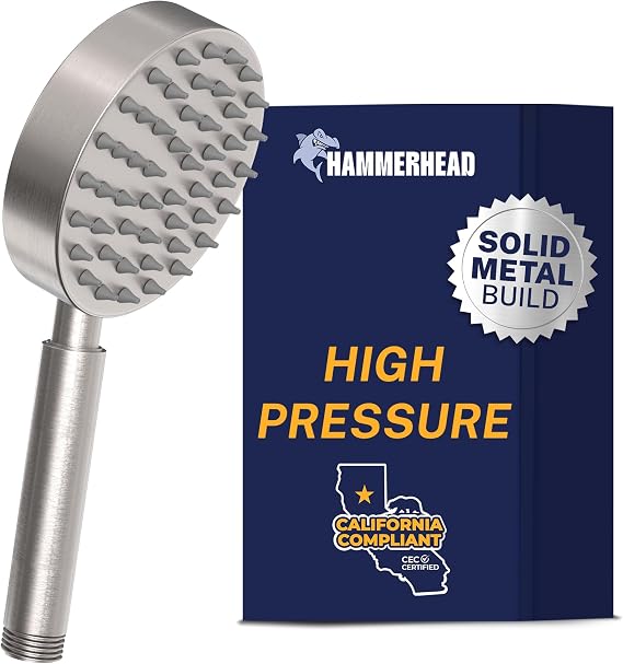 HammerHead Showers Solid Metal Hand Held Shower Head - BRUSHED NICKEL - 1.75GPM Low Flow Shower Heads 4 Inch Spray Wand | Made from 304 Stainless Steel with Silicone Nozzles