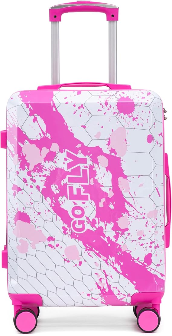 20 Inch PC Hardside Carry On Luggage, Printed Pattern Rolling Suitcase with 360 Spinner Wheels & Combination Lock, Pink