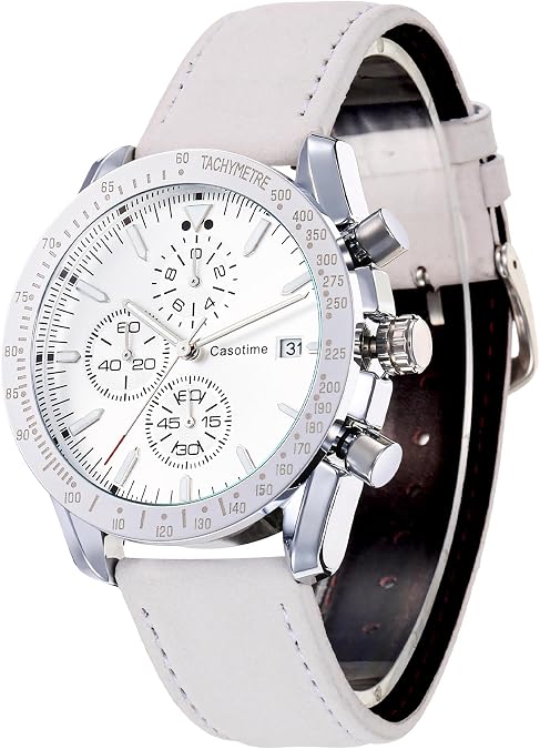 Casotime Men's Leather Chronograph Watch,Luminous Hands,Gift for Him