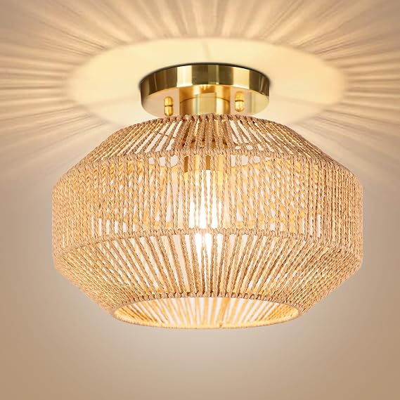 Qingmiao Boho Semi Flush Mount Ceiling Light, 11. 8" L x 11.8" W x 9.3" H | Paper Woven Light Fixture, Rattan Farmhouse Ceiling Lights for Porch, Hallway, Kitchen, Bedroom, Bulb Not Included
