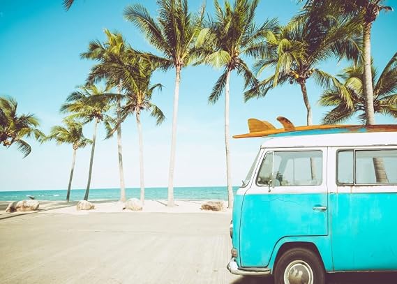 BELECO 10x8ft Fabric Tropical Beach Backdrop Vintage Car in Beach with Surfboard Surfing Backdrop Summer Hawaii Surf Photography Backdrop for Luau Party Decoration Birthday Photoshoot Photo Props