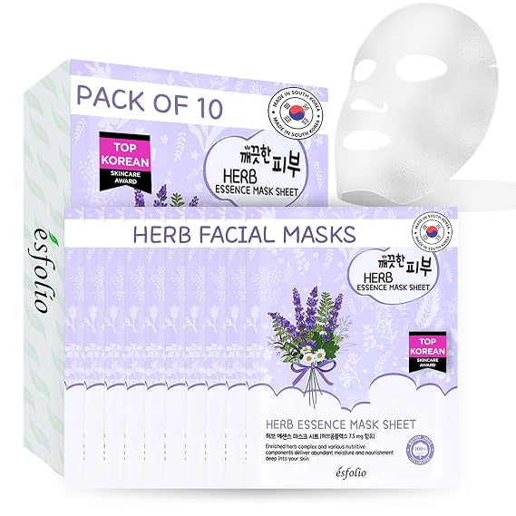 esfolio Herb Essence Face Mask Hydrating & Nourishing Sheet Masks, Herbal Extract-Infused Skincare, Soothing & Moisturizing Facial Masks for All Skin Types (Pack of 10)
