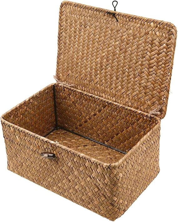 Wicker Storage Basket Woven Rattan Storage Box With Lids Seagrass Laundry Baskets Makeup Organizer For Bathroom, Living Room, Kitchen (XXL)