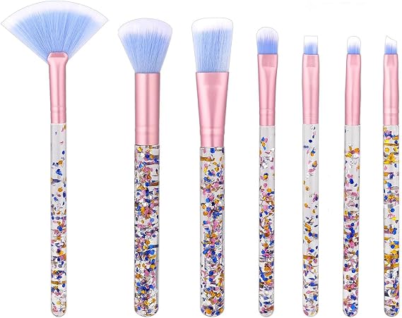 Solvind 7Pcs Blue Crystal Sparkle Makeup Brush Set, Professional Soft Synthetic Make Up Brushes with Sequins Handle & Glitter Pouch, Complete Beauty Brush Kit for Foundation Blush Concealer Eyeshadow