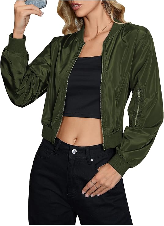 OYOANGLE Women's Lightweight Bomber Biker Jacket Zip up Windbreaker Crop Bomber Jacket Coat