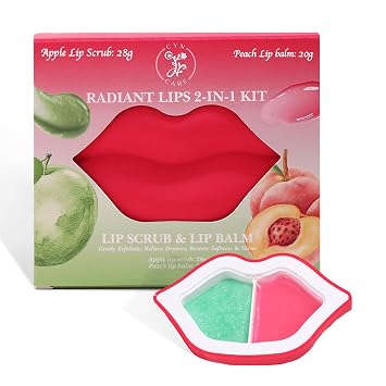 2 in 1 Lip Care Kit with Apple Lip Scrub Exfoliator 28g and Peach Balm Moisturizer 20g Intense Hydration Set for Dry, Chapped, Cracked Lips (48g)