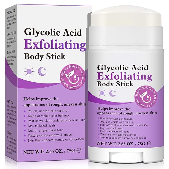 Glycolic Acid Exfoliating Body Stick with 7% AHA & 0.5% BHA Solid Body Exfoliator for Rough & Bumpy Skin, KP, Dark Spots No Mess, No Rinse With Shea Butter