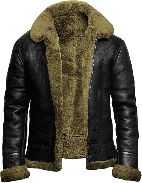 JEsilunmaMY Winter Fuzzy Sherpa Leather Coat for Men Fleece Lined Fur Collar Motorcycle Jacket Warm Thicken Bomber Overcoat
