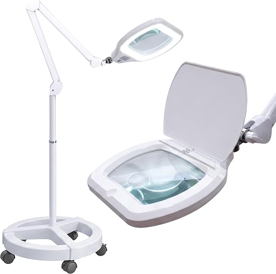 Neatfi LED Magnifying Floor Lamp | 1.75x + 4X (3D + 12D) Magnification | 12W Power | Dimmable 6500K Cool White | Adjustable Arm | Lamp for Reading, Crafts & Precision Work (White, 6.8 Inches)