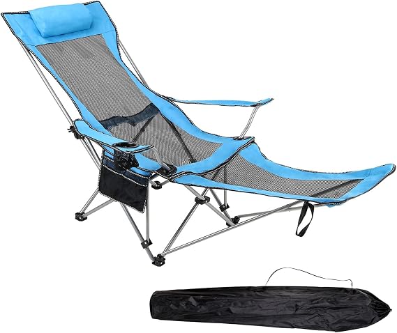 Blue Camping Recliner Chair with Adjustable Headrest & Footrest, Foldable, Portable, Cupholder, Pocket, for Outdoor, Beach, Garden, Patio Garden