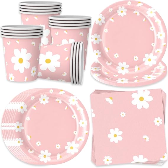 Bikasun Daisy Party Tableware Set for 16 Guests Pink Flowers Decoration