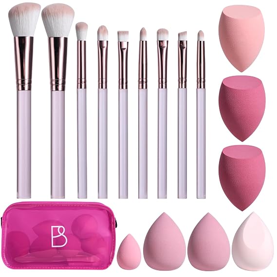 BS-MALL 9 Pcs Travel Makeup Brush Set With 7 Pcs Makeup Blending Sponge, Foundation Brush, Mini Makeup Sponge & Case, Luxury For Flawless On-the-go Beauty, Face, Eyes & Precision Blending