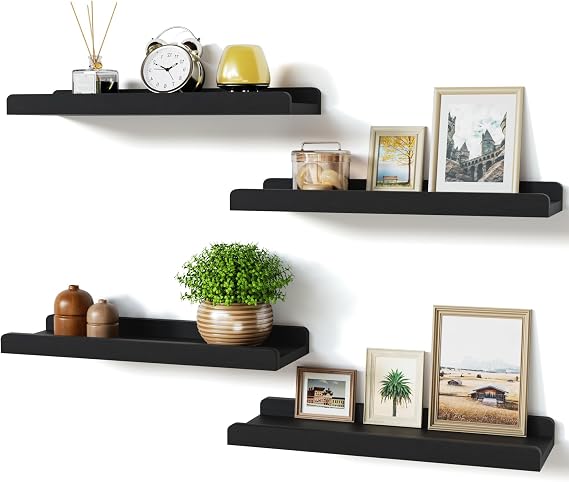 Love-KANKEI 15.6" Black Floating Wall Shelves with Lip,Solid Wood,Set of 4