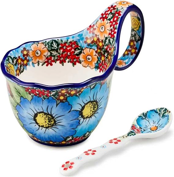 Ceramic Soup Cup and Soup Bowl With Handles - 18 Ounce With Spoon,Handpainted Decorative Oversized Porcelain Bowl,for soup, Ice Cream, Stew, Microwave and Dishwasher Safe (Blue Sunflower)