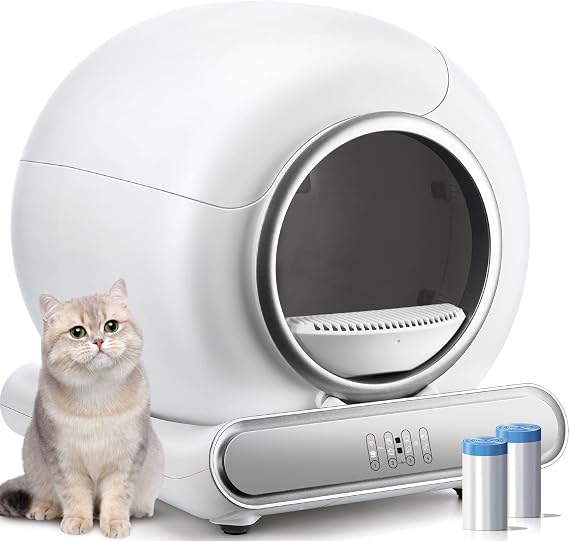 Self Cleaning Litter Box, 65L Automatic Cat Litter Box Self Cleaning for Multiple Cats, All-Around Safe Protection, Odor Removal, APP Control Smart Litter Box with 2 Rolls Liners