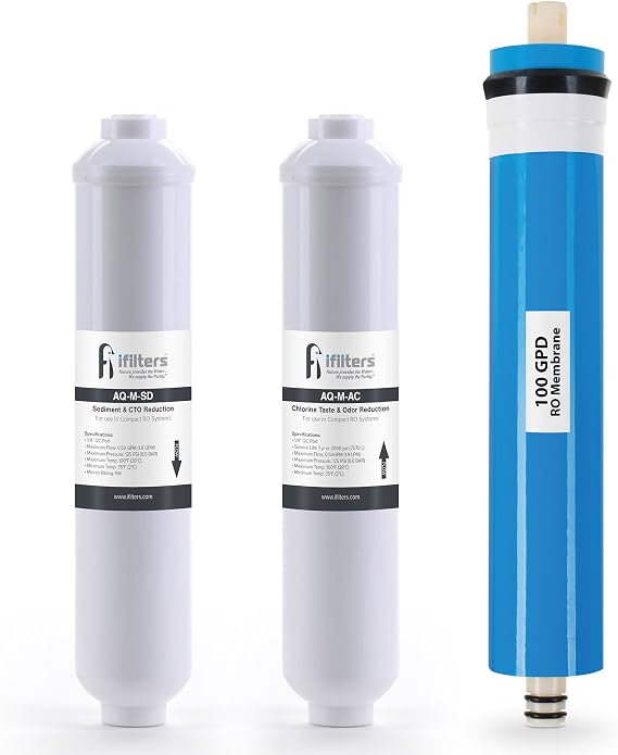 iFilters 100 GPD Aquarium Reverse Osmosis Replacement Filter Kit | IF-AQ100KIT3 | 3-Stage Aquarium RO Replacement Kit | 100 GPD Membrane, Sediment & CTO Carbon Filters | Fits AQ-M100