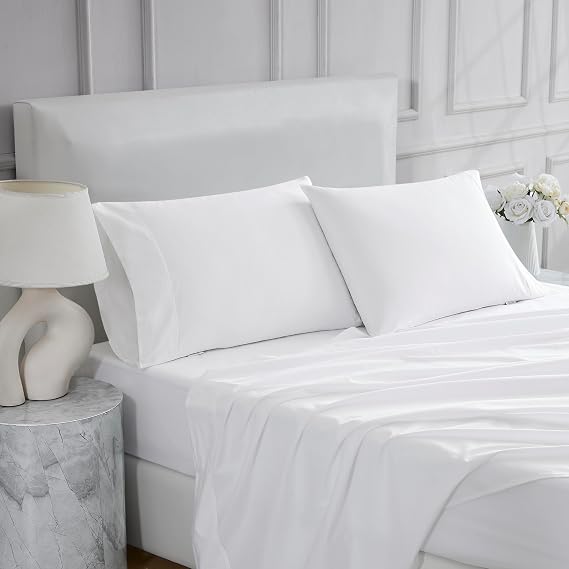 Linen Closet 4 Pcs 100% Cotton Full Size Sheets Set, Arctic White, 400 Thread Count, Percale Weave, Deep Pocket Fitted Sheet, Fits Up To 18" Mattress, Crisp & Cooling Bed Sheets for Home & Hotel Use