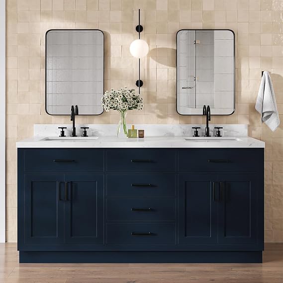 DKB Isabella 72 Inch Bathroom Vanity Double Sink Midnight Blue Bathroom Vanity with Sink, 1.5" Edge Carrara White Quartz Countertop, 4 Soft-Close Doors, 4 Dovetail Drawers, and 2 Tilt Drawers