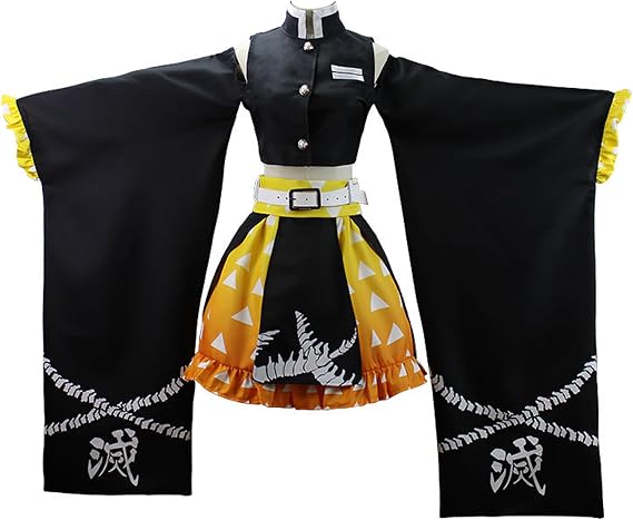 İblis avcısı Cosplay kostüm yeni kadın Zenitsu Kimono elbise tam üniforma seti Tanjirou kapalı omuz etek kıyafet