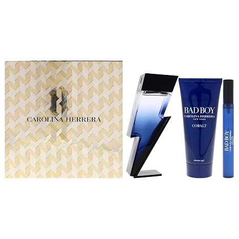 Bad Boy Cobalt Electrique by Carolina Herrera for Men - 3 Pc Gift Set 3.4oz EDP Spray 0.34oz EDP Spray (Mini), 3.4oz Shower Gel