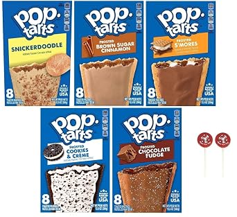 Pop Tarts Frosted Toaster Pastries, Snickerdoodle, Cookies & Creme, Frosted Chocolate Fudge, Brown Cinnamon Sugar, and Smores, 13.5 Ounce (Pack of 5) - with Two Make Your Day Lollipops