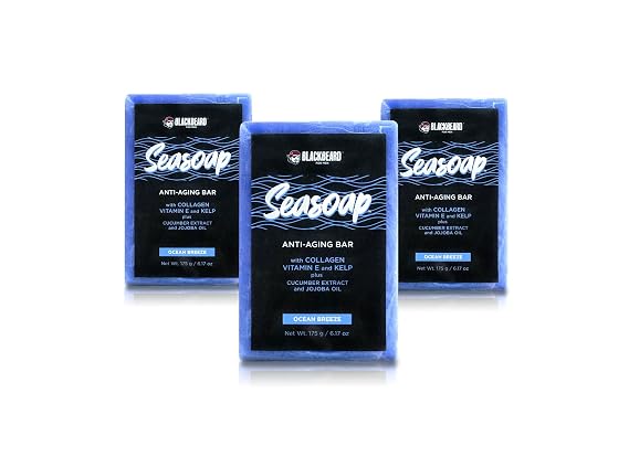 BLACKBEARD FOR MEN Seasoap 3-Pack of Age-Defying Bar Soap | Hydrating Face & Body Soap With Collagen, Kelp, Vitamin E, Ocean Breeze Scent for Daily Bath, Shower, and Skin Care Soap Bars