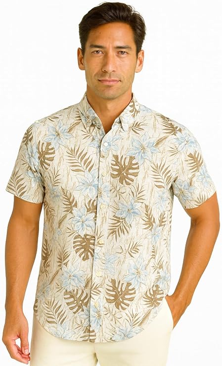 bohio Men's Short Sleeve Cotton Gauze Button Down Shirt, Beige with Blue Palm Print, Relaxed Fit, Resort Style, S-2XL