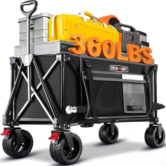 Overmont Collapsible Wagon Cart with Wheels - 180L Foldable Heavy Duty Wagon with Big All-Terrain Wheels - 330Lbs Weight Capacity with Side Pockets for Camping Sports Garden Grocery Shopping Black