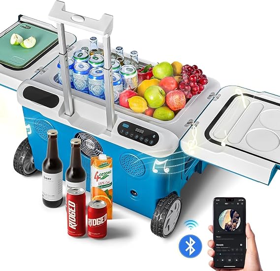 AAOBOSI Car Fridge, 40Quart(36L) Portable 12 Volt Car Refrigerator Cooler with Wheels&Bluetooth Speaker&Handle&Battery Powered,4F~68F with 12/24V DC,100-240VAC for Camping, Beach,Party,Pool
