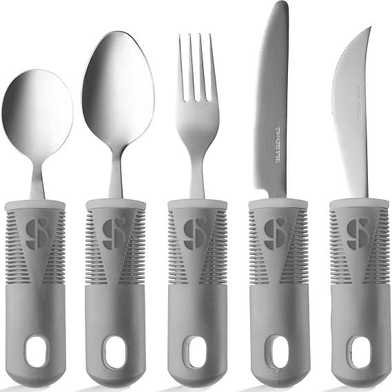 Special Supplies Adaptive Utensils (5-Piece Kitchen Set) Wide, Non-Weighted, Non-Slip Handles for Hand Tremors, Arthritis, Parkinsons or Elderly Use - Stainless Steel (Grey)