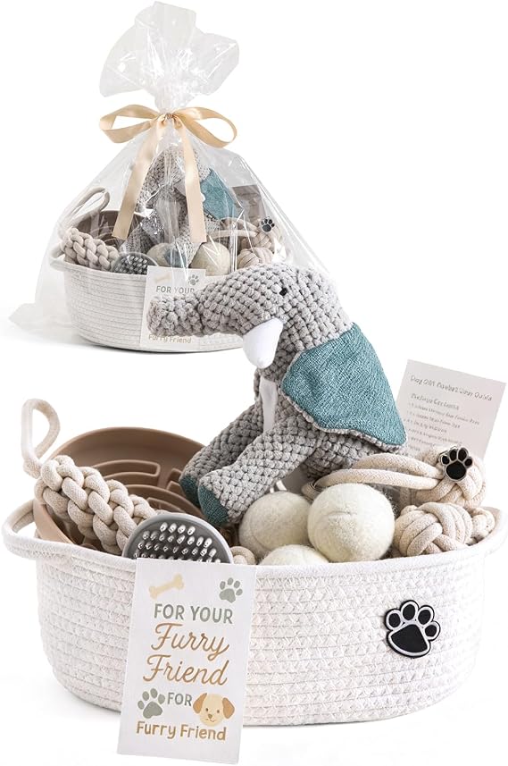 Dog Gift Basket Puppy Starter Kit, Welcome New Puppy Gift Basket with Interactive Toys Bundle, Perfect Dog Birthday Set with Chew Toys, Pet Essentials for New Owners