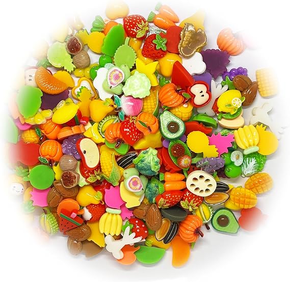 200 Stück verschiedene Schleim-Anhänger süße Obst- und Gemüse-Anhänger Ornamente flache Rückseite aus Kunstharz zum Basteln Herstellen von Ornamenten Scrapbooking DIY-Basteln zufälliger Stil