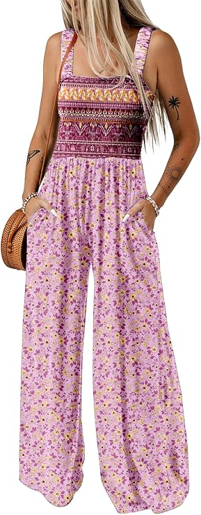Dokotoo Women's Loose Overalls Jumpsuits One Piece Sleeveless Rompers | Boho Printed Jumpsuit, Sleeveless Wide Leg Jumpsuits for Women, Womens Summer Outfits, Square Neck,Loose Fit Casual Long Pant