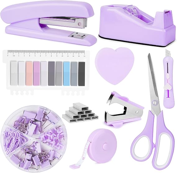 OFFCUP Desk Accessories Set, Office Supplies Kit, Includes Stapler, Tape Dispenser, Staple Remover, Staples, Clips, Scissor, Box Cutter, Tape Measure and Sticky Notes Students, Coworkers (Purple)