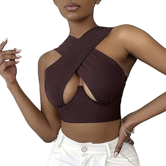 Sexy Women's Cut Out Crisscross Wrap Crop Top Halter Solid Vest Cami Tank Tops