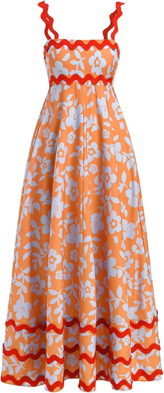 IKADEX Women Summer Sundress Spaghetti Strap Rickrack Floral Smocked Back Boho Flowy A-line Maxi Dress