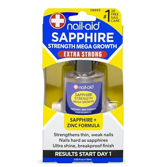 Nail-Aid Sapphire Strength Mega Growth Extra-Strength Nail Hardener with Sapphire & Zinc Strengthens Thin Weak Nails for Longer Harder Growth Ultra-Shiny Breakproof Finish