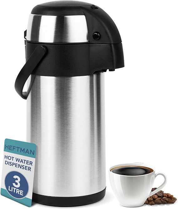 HEFTMAN Thermal Coffee Carafe - 3L Stainless Steel Airpot Pump Action Flask | Large Hot Water Flask, Double-Walled Insulation, Leak Proof, 360° Rotating Base, Carry Handle, Safety Lock, Removable Lid