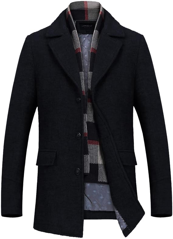 INVACHI Mens Wool Blend Coat Winter Trench Coat with Detachable Soft Scarf Single Breasted Overcoat