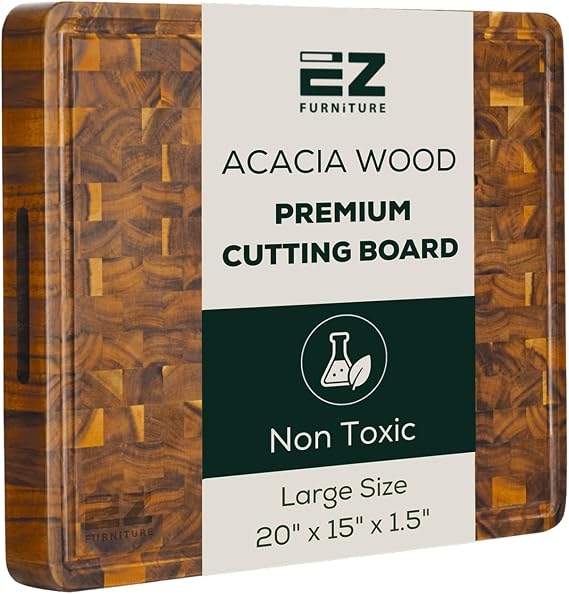 EZ FURNITURE Large (L) Acacia End Grain Cutting Board, Reversible, Knife-Friendly Charcuterie Butcher Block with Juice Groove & Handles, Non-Toxic, Gift Box Included (20" x 15" x 1.5")