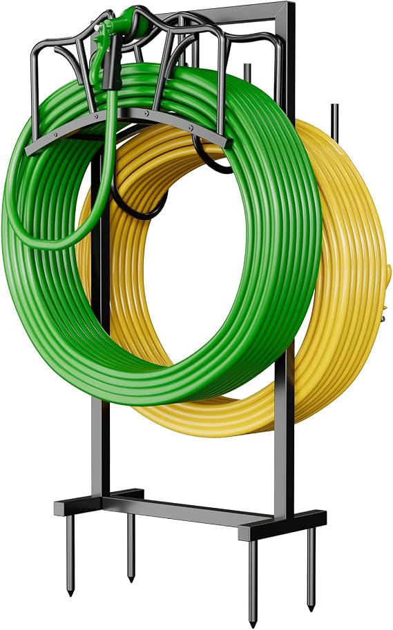 Garden Hose Holder Holds 2 x 150FT Hoses, Freestanding Hose Holder with 4 Spikes, Rustproof Water Hose Holder Storage for Outside Yard Lawn Farm