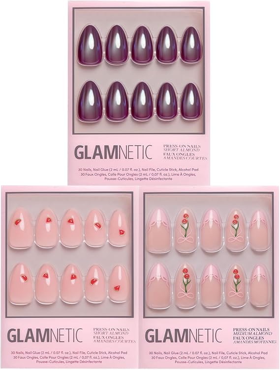 Glamnetic Press-On Nails Bundle - Sweet Treats | 3 Short & Medium Almond Fake Nails with Glazed Finishes & Playful Fruit Accents | Glossy Statement Designs | Durable, Salon-Quality Nail Kits